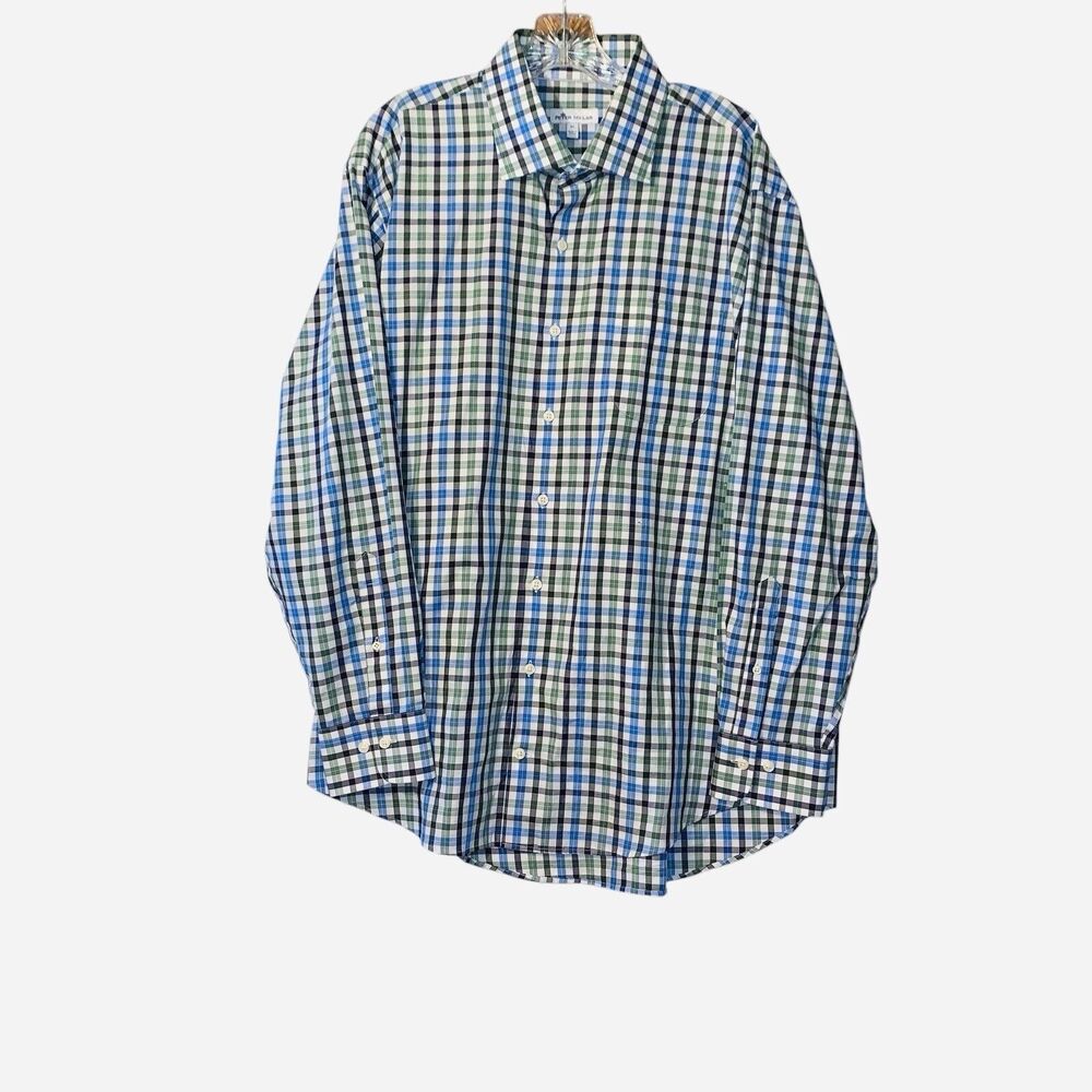 Men's PETER MILLAR Button Down Shirt Blue Black Green Plaid Check Tartan Sz. XL